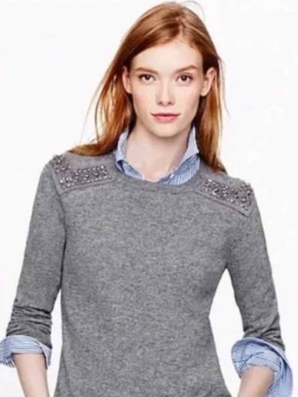 J.Crew Grey Wool Cashmere Sweater Jeweled Shoulder Crewneck Medium Preppy Chic